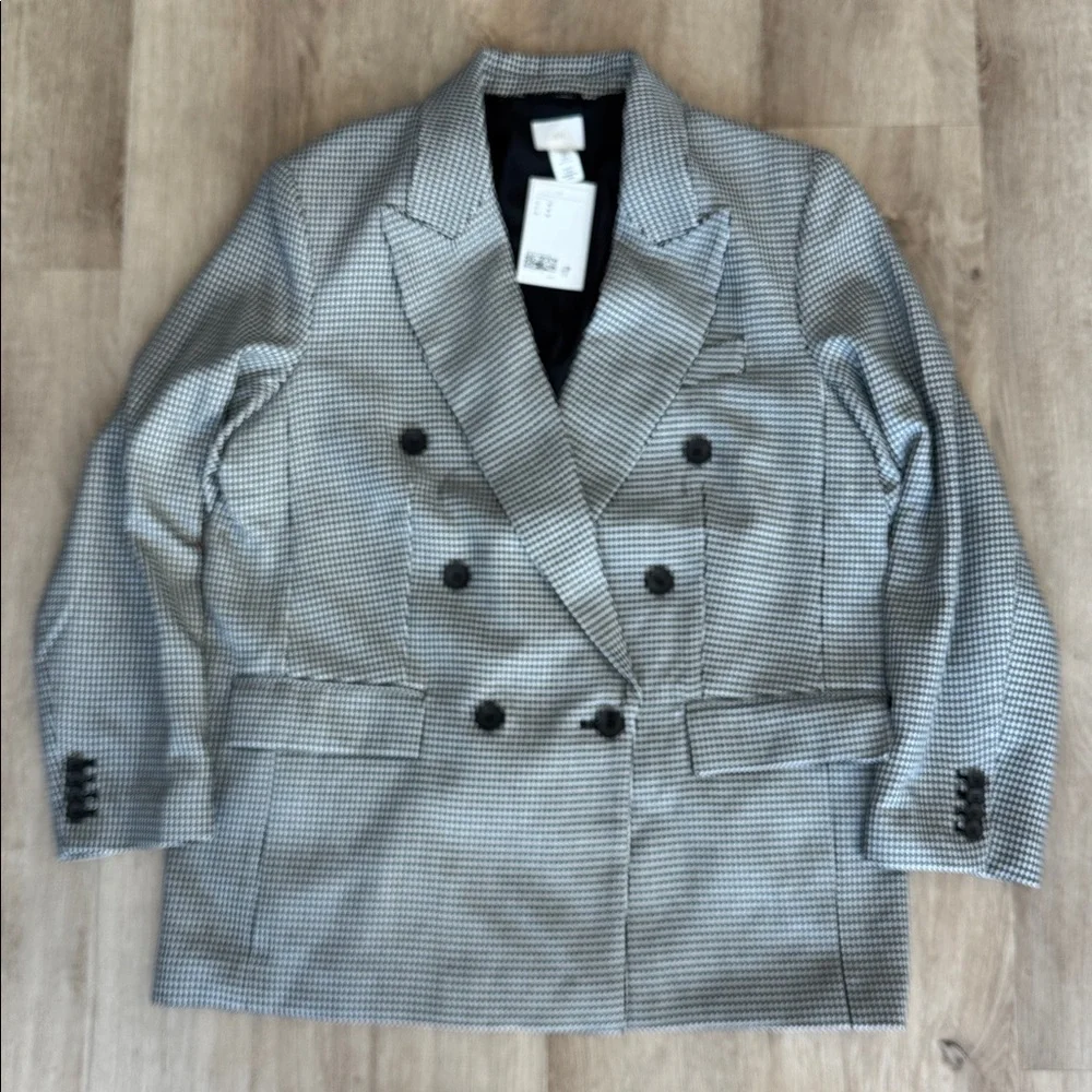 H&M Black and White Houndstooth Oversized Double Breasted Blazer sz M - Picture 2 of 8